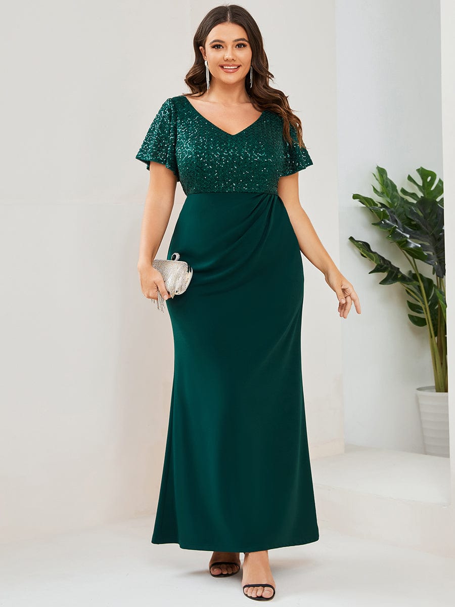 Plus Size Floor-Length Short Sleeve Sequin Mother of the Bride Dress #Color_Burgundy Plus Size Floor-Length Short Sleeve Sequin Mother of the Bride Dress