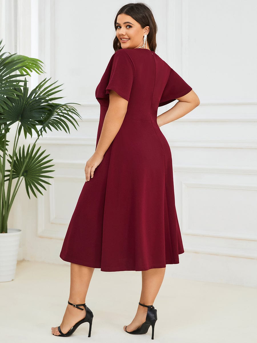 Plus Size Elegant Short Flutter Sleeve Midi Mother of the Bride Dress