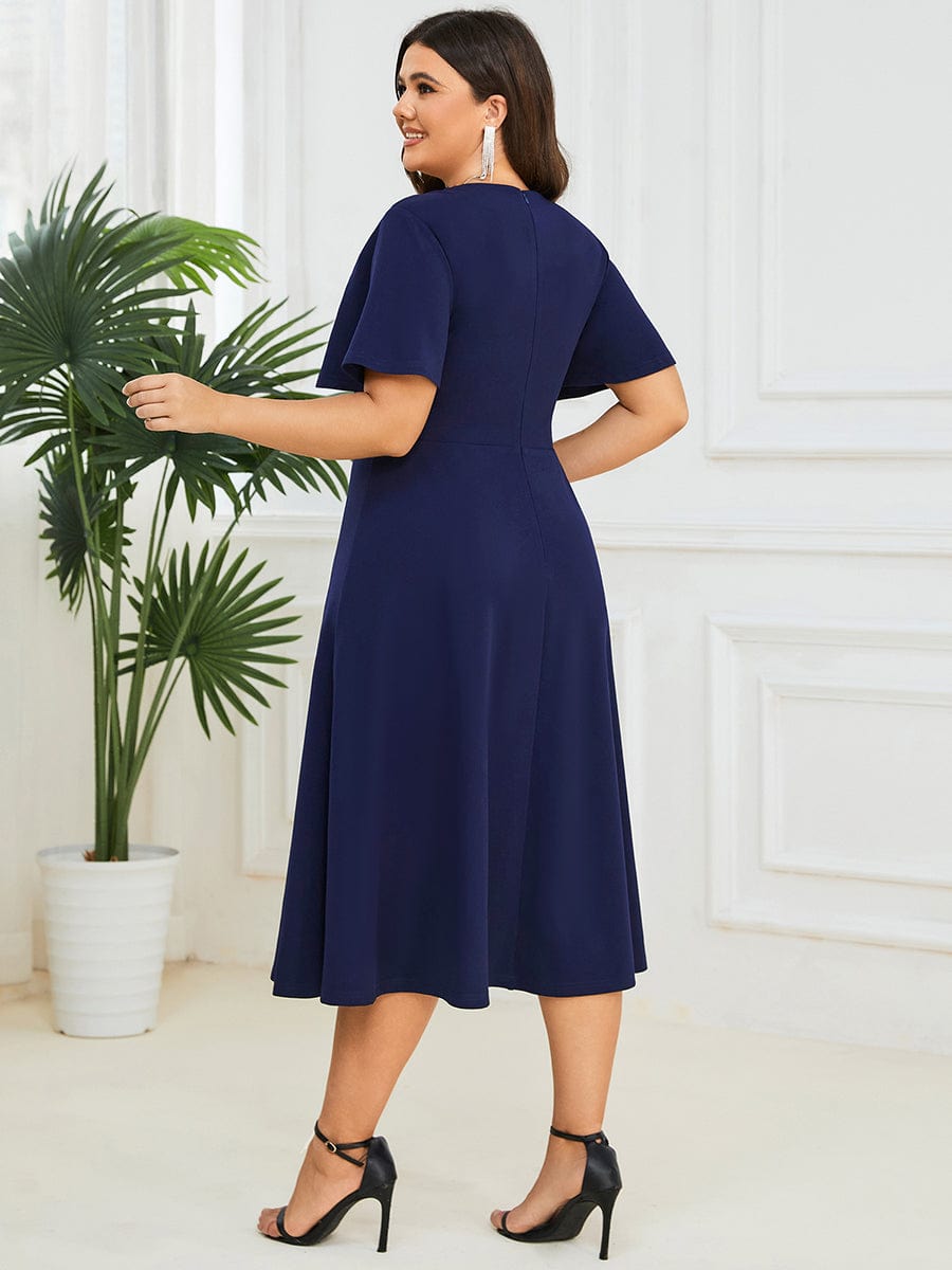 Plus Size Elegant Short Flutter Sleeve Midi Mother of the Bride Dress