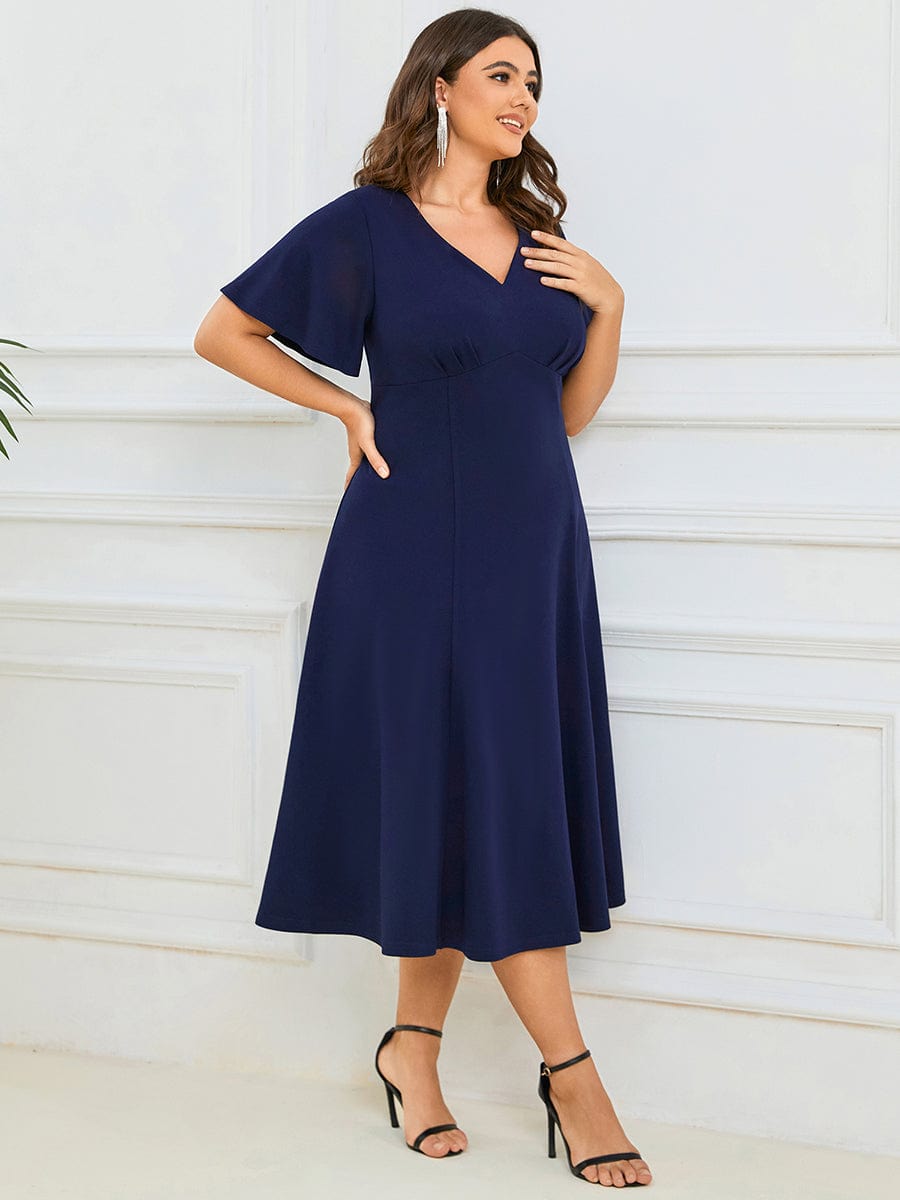 Plus Size Elegant Short Flutter Sleeve Midi Mother of the Bride Dress