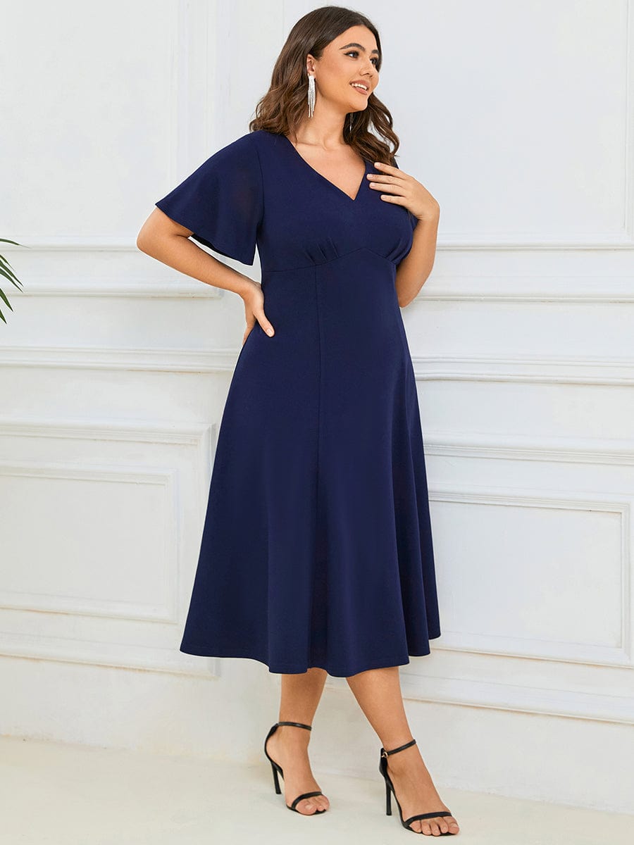 Custom Size Sweetheart Neckline Tea-Length Mother of the Bride Dress #Color_Navy Blue Custom Size Sweetheart Neckline Tea-Length Mother of the Bride Dress