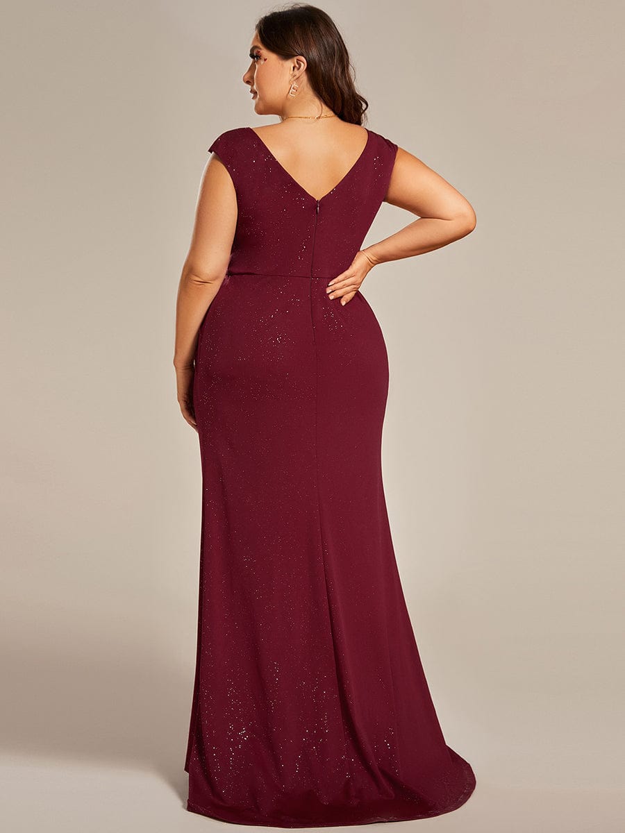 Plus Size Elegant V-neck Glitter Sequin Front Slit Mother of the Bride Dress #color_Burgundy