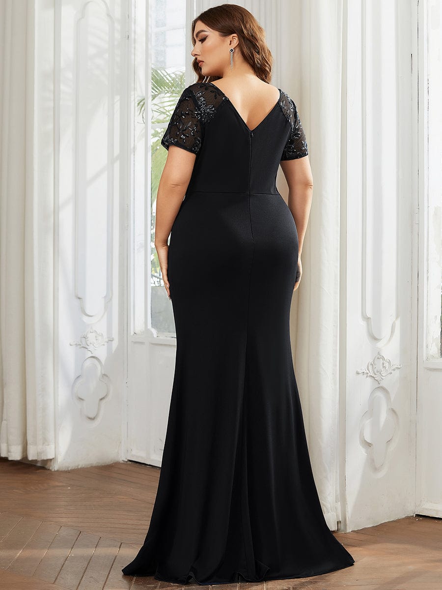 Plus Size Front Slit Short Sleeve With Sequin Mother of the Bride Dress #Color_Black