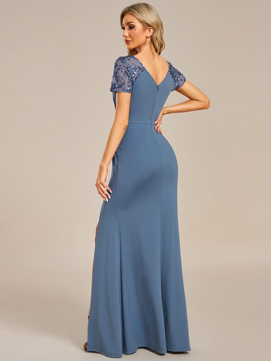 Deep V-Neck Sequin Short Sleeve High Side Front Slit Formal Evening Dresses