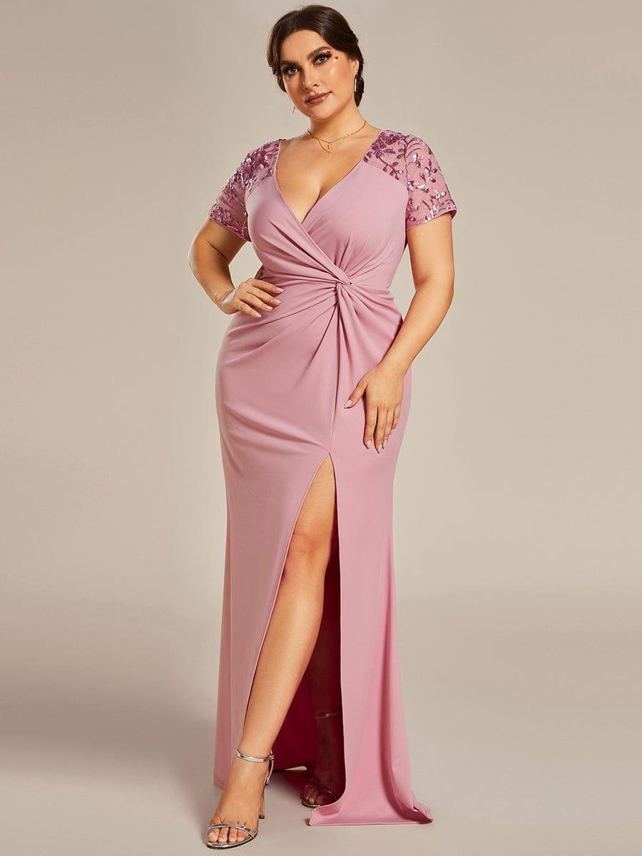 Plus Size Front Slit Short Sleeve With Sequin Mother of the Bride Dress #color_Dusty Rose