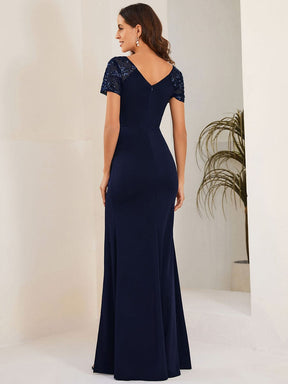 Deep V-Neck Sequin Short Sleeve High Side Front Slit Formal Evening Dresses