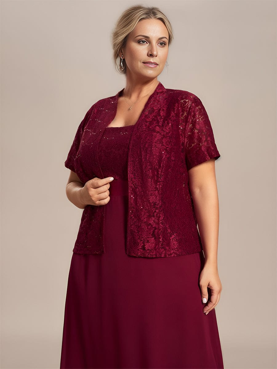 Plus Size Square Neckline A-Line Chiffon Mother of the Bride Dress with Lace Cardigan #color_Burgundy Custom Size Square Neckline Eelegant Chiffon Mother of the Bride Dress with Lace Cardigan