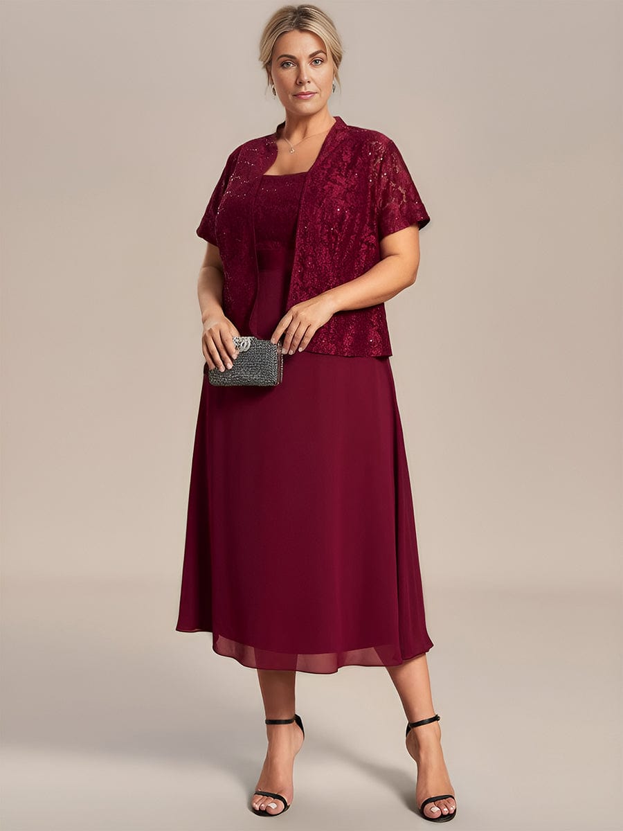 Plus Size Square Neckline A-Line Chiffon Mother of the Bride Dress with Lace Cardigan #color_Burgundy Custom Size Square Neckline Eelegant Chiffon Mother of the Bride Dress with Lace Cardigan