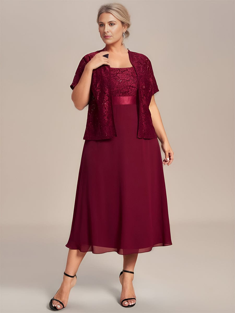 Plus Size Square Neckline A-Line Chiffon Mother of the Bride Dress with Lace Cardigan #color_Burgundy Custom Size Square Neckline Eelegant Chiffon Mother of the Bride Dress with Lace Cardigan