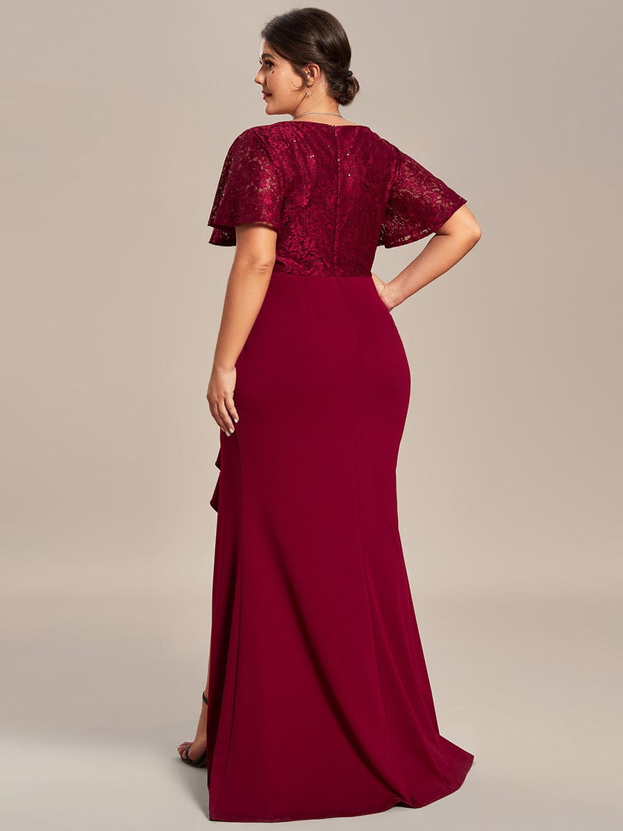 Plus Size Lotus Leaf Hemline Bodycon Lace Top Mother of the Bride Dress #color_Burgundy Plus Size Lotus Leaf Hemline Bodycon Lace Top Mother of the Bride Dress