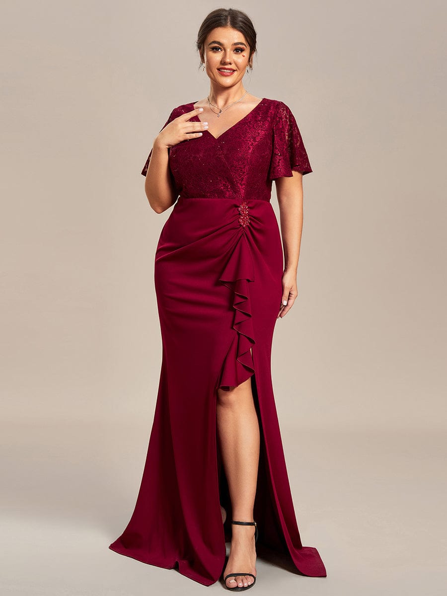 Plus Size Lotus Leaf Hemline Bodycon Lace Top Mother of the Bride Dress #color_Navy Blue Custom Size Lotus Leaf Hemline V-Neck Lace Top Mother of the Bride Dress