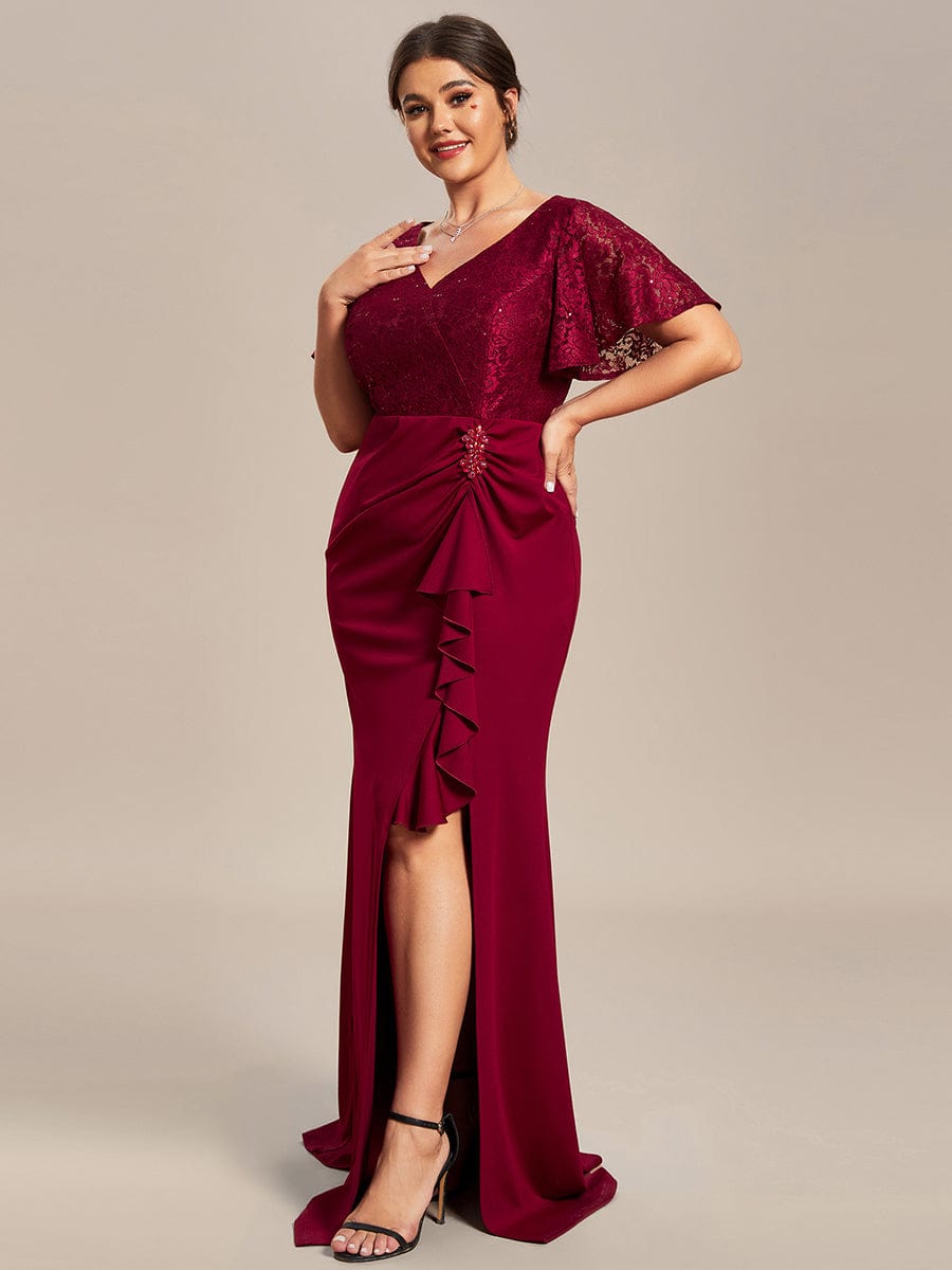 Plus Size Lotus Leaf Hemline Bodycon Lace Top Mother of the Bride Dress #color_Burgundy Plus Size Lotus Leaf Hemline Bodycon Lace Top Mother of the Bride Dress
