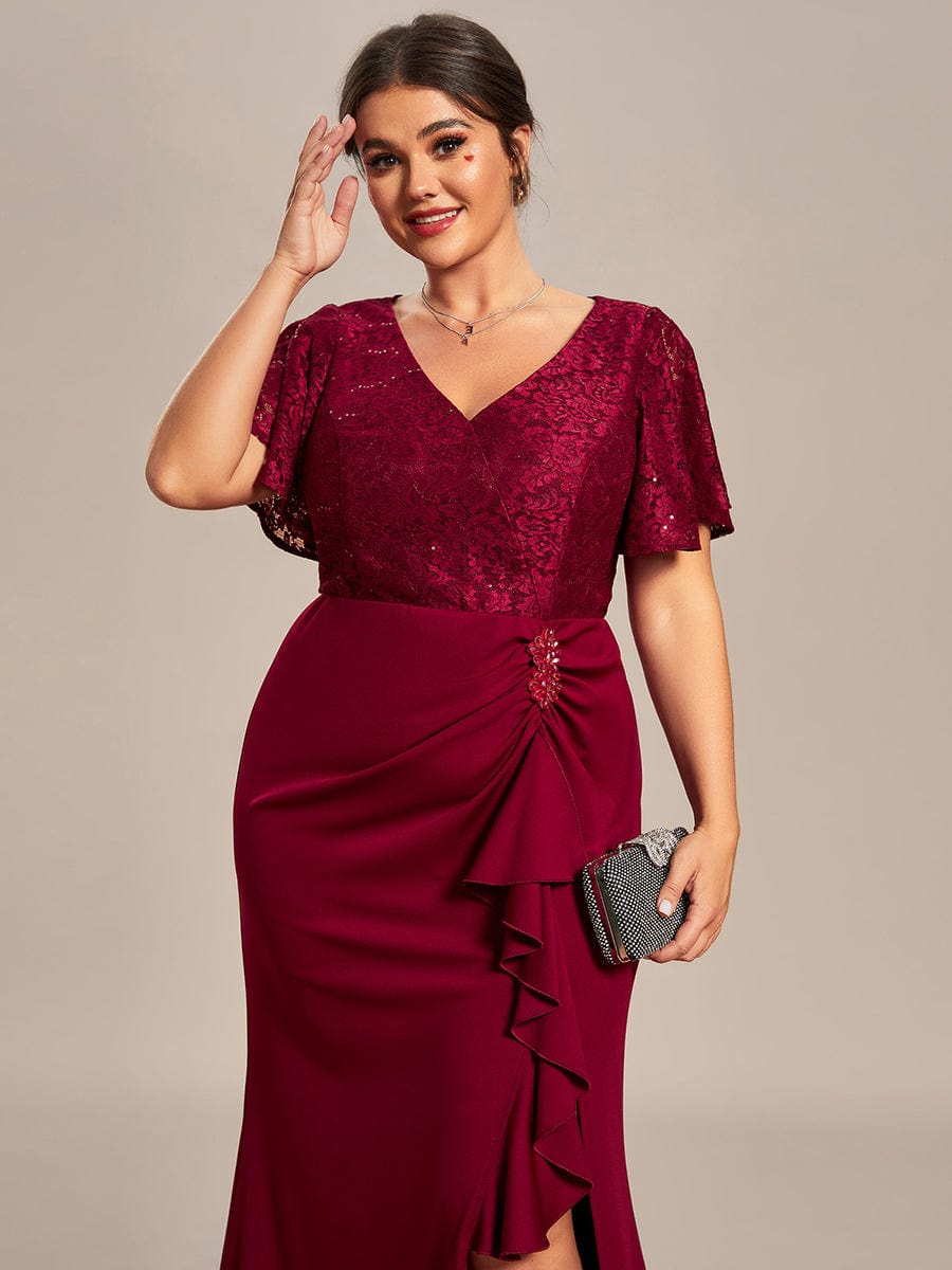 Plus Size Lotus Leaf Hemline Bodycon Lace Top Mother of the Bride Dress #color_Burgundy Plus Size Lotus Leaf Hemline Bodycon Lace Top Mother of the Bride Dress