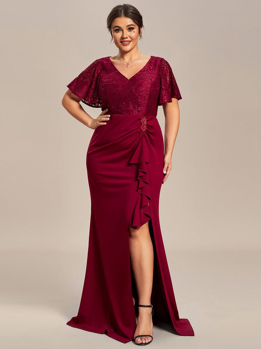 Plus Size Lotus Leaf Hemline Bodycon Lace Top Mother of the Bride Dress #color_Burgundy Plus Size Lotus Leaf Hemline Bodycon Lace Top Mother of the Bride Dress