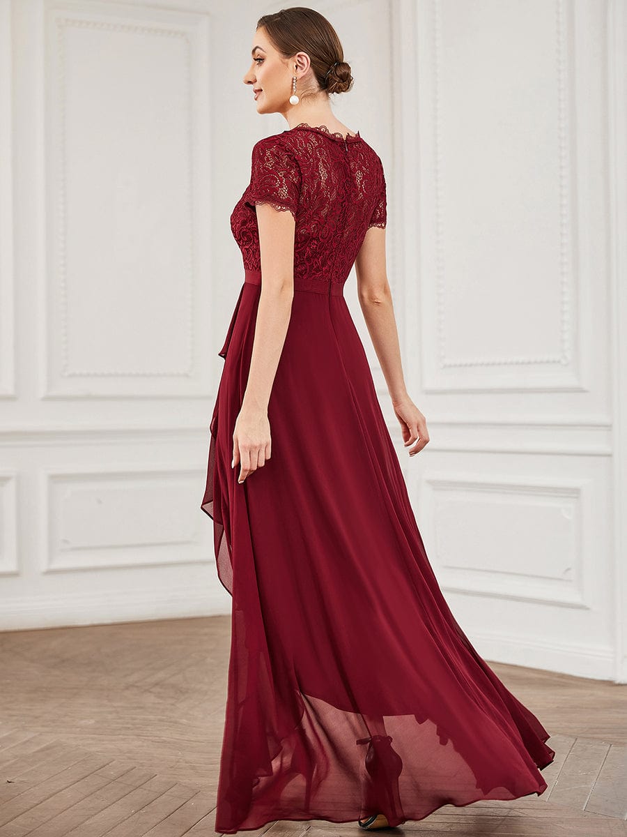 Lace Short Sleeve Ruffle Chiffon Mother of the Bride Dress #color_Burgundy Lace Short Sleeve Ruffle Chiffon Mother of the Bride Dress