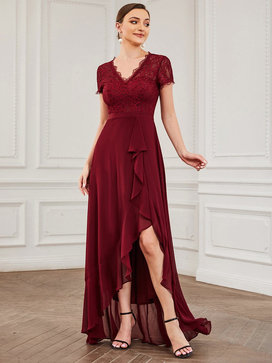 Lace Short Sleeve Ruffle Chiffon Mother of the Bride Dress #color_Burgundy Lace Short Sleeve Ruffle Chiffon Mother of the Bride Dress