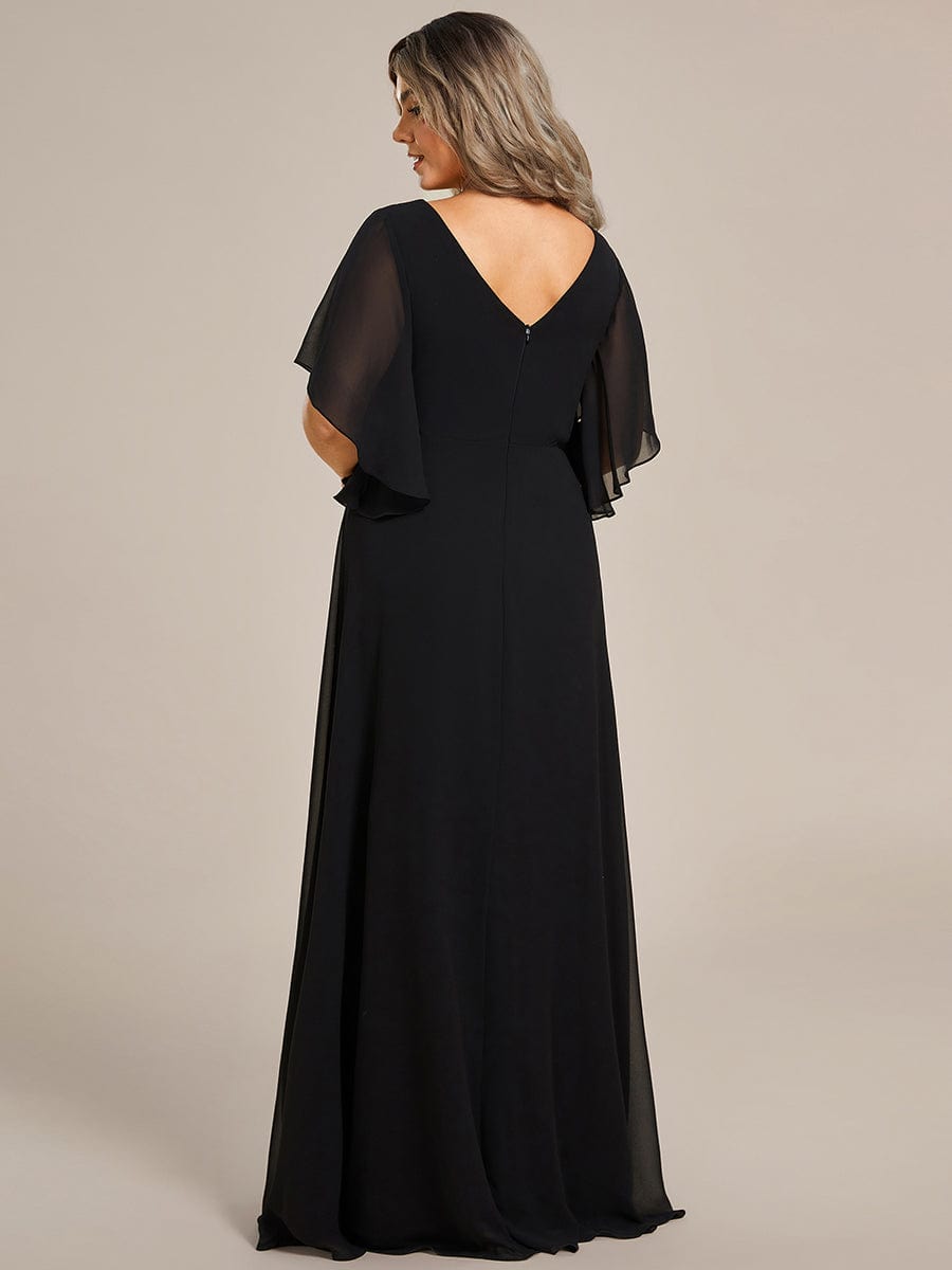 Graceful Plus Size A-line Ruffles Sleeve Chiffon Mother of the Bride Dress with Applique #color_Black