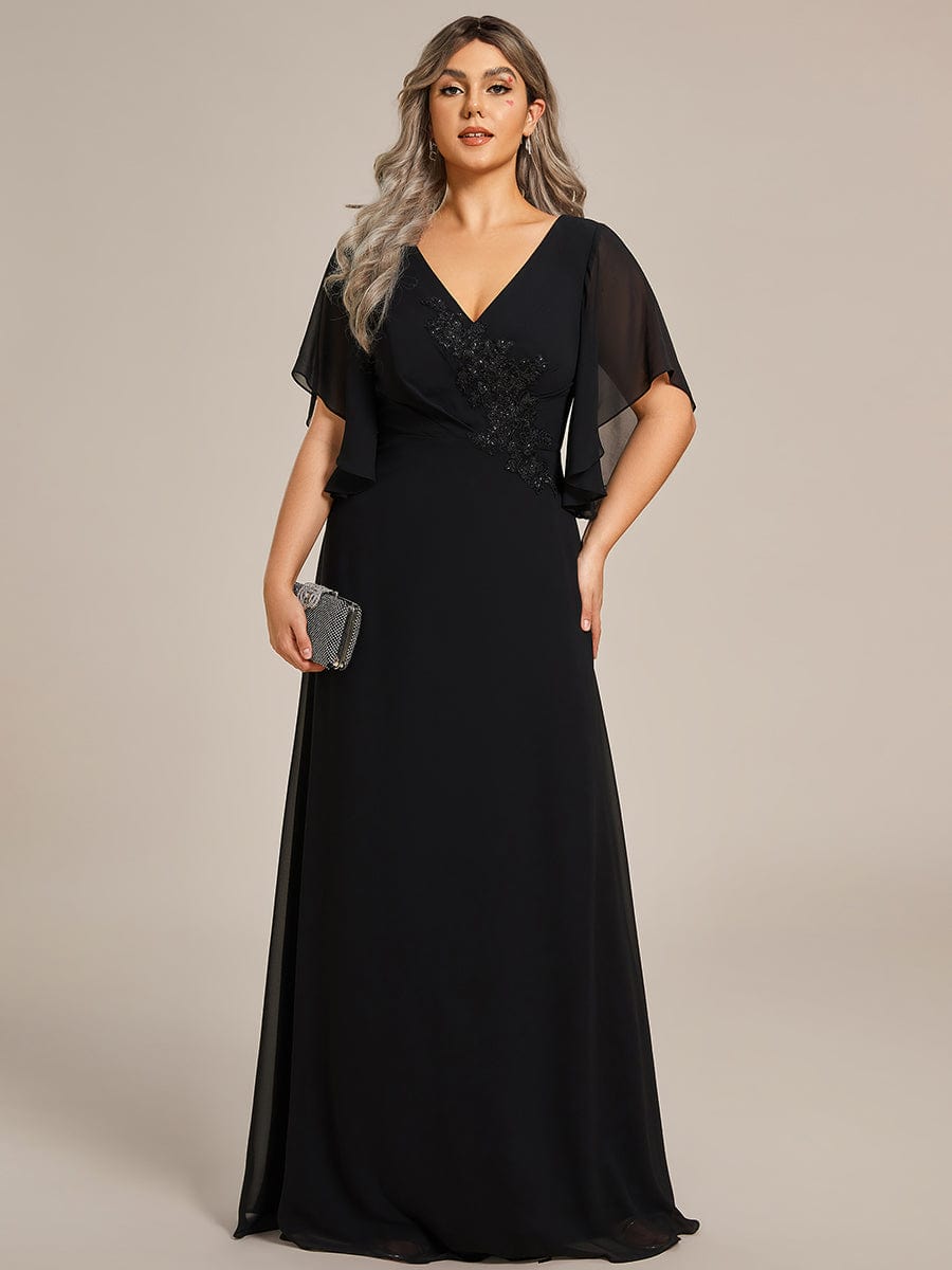 Graceful Plus Size A-line Ruffles Sleeve Chiffon Mother of the Bride Dress with Applique #color_Black