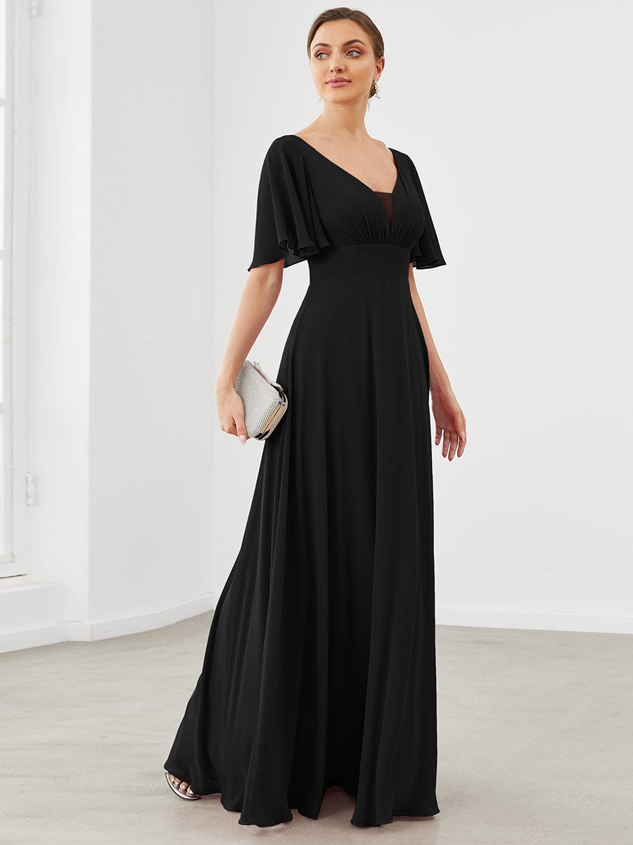 Chiffon Flutter Sleeve V-Neck Mother Of The Bride Dress #color_Cameo Brown Chiffon Flutter Sleeve V-Neck Mother of the Bride Dress