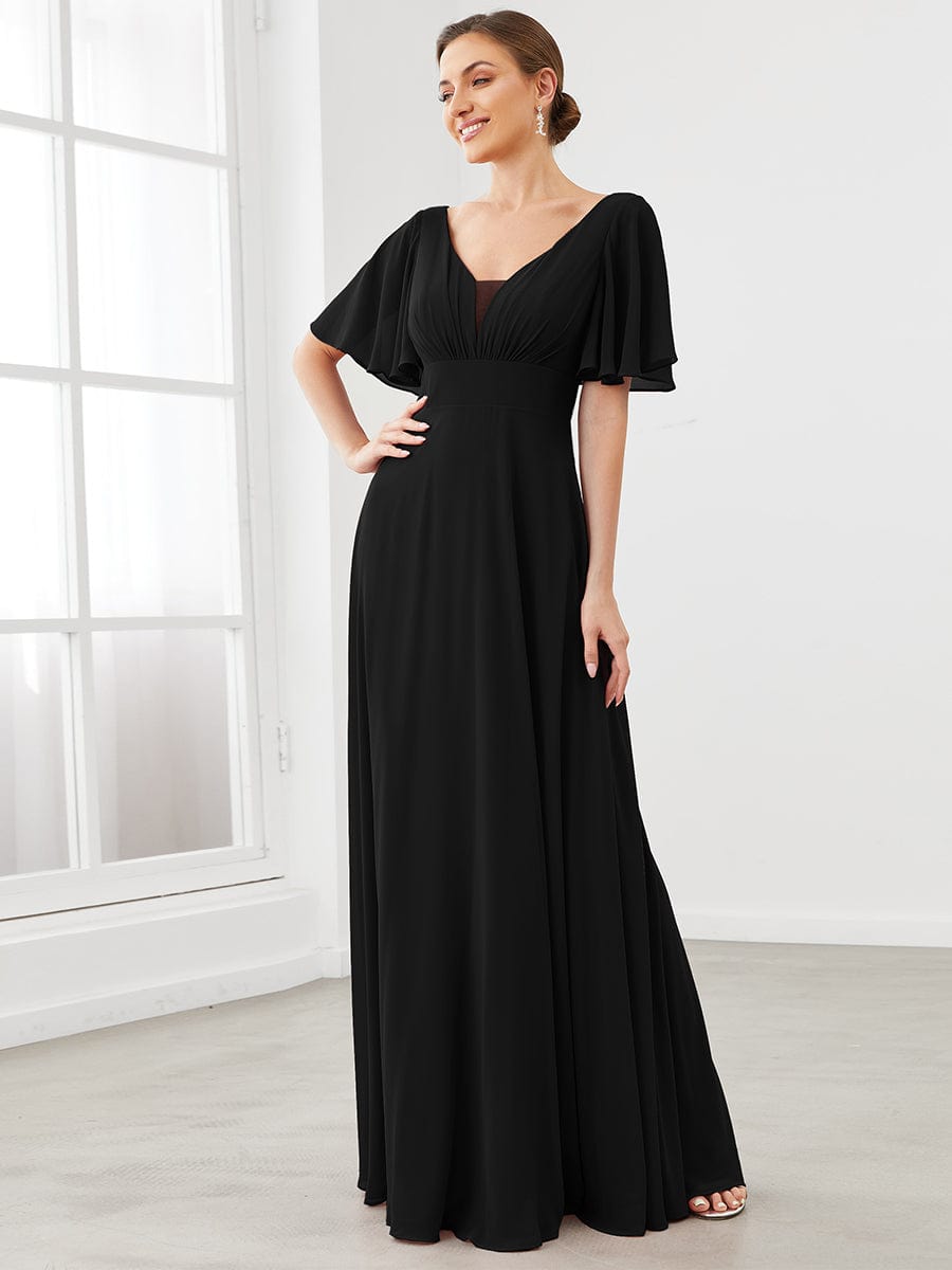 Chiffon Flutter Sleeve V-Neck Mother Of The Bride Dress #color_Cameo Brown Chiffon Flutter Sleeve V-Neck Mother of the Bride Dress