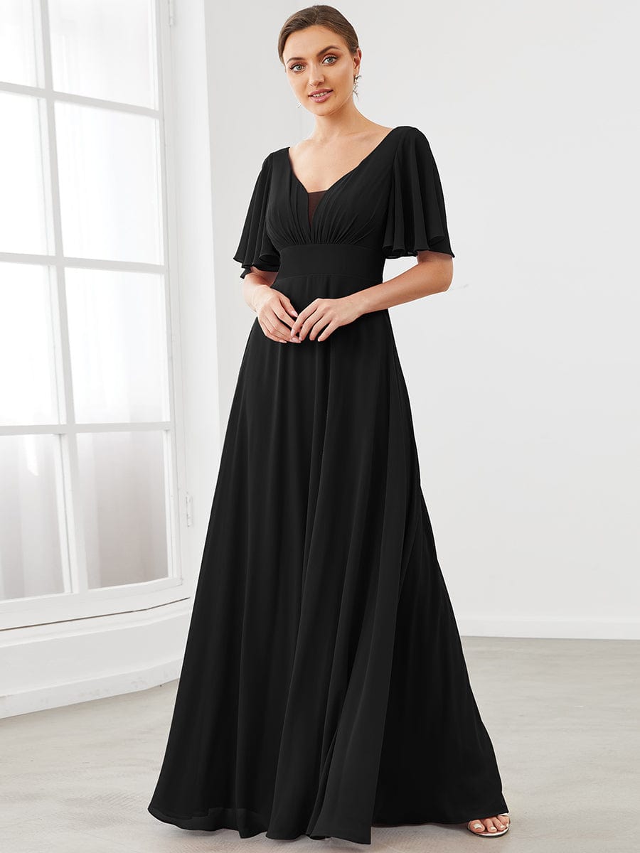Chiffon Flutter Sleeve V-Neck Mother Of The Bride Dress #color_Cameo Brown Chiffon Flutter Sleeve V-Neck Mother of the Bride Dress