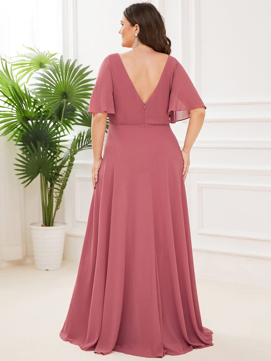 Chiffon Flutter Sleeve V-Neck Mother Of The Bride Dress #color_Cameo Brown Chiffon Flutter Sleeve V-Neck Mother of the Bride Dress