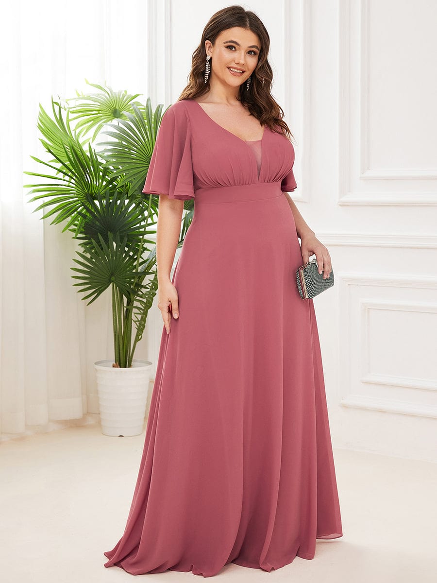Chiffon Flutter Sleeve V-Neck Mother Of The Bride Dress #color_Cameo Brown Chiffon Flutter Sleeve V-Neck Mother of the Bride Dress