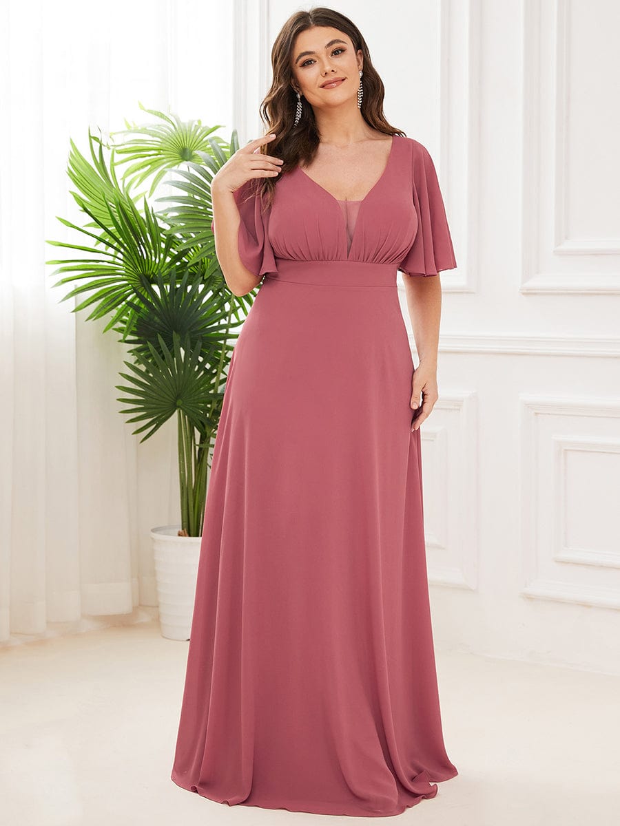 Chiffon Flutter Sleeve V-Neck Mother Of The Bride Dress #color_Cameo Brown Chiffon Flutter Sleeve V-Neck Mother of the Bride Dress