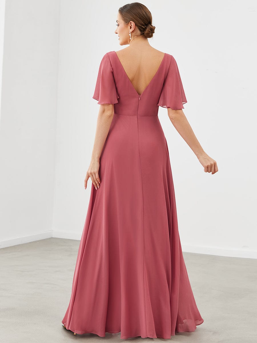 Chiffon Flutter Sleeve V-Neck Mother Of The Bride Dress #color_Cameo Brown Chiffon Flutter Sleeve V-Neck Mother of the Bride Dress