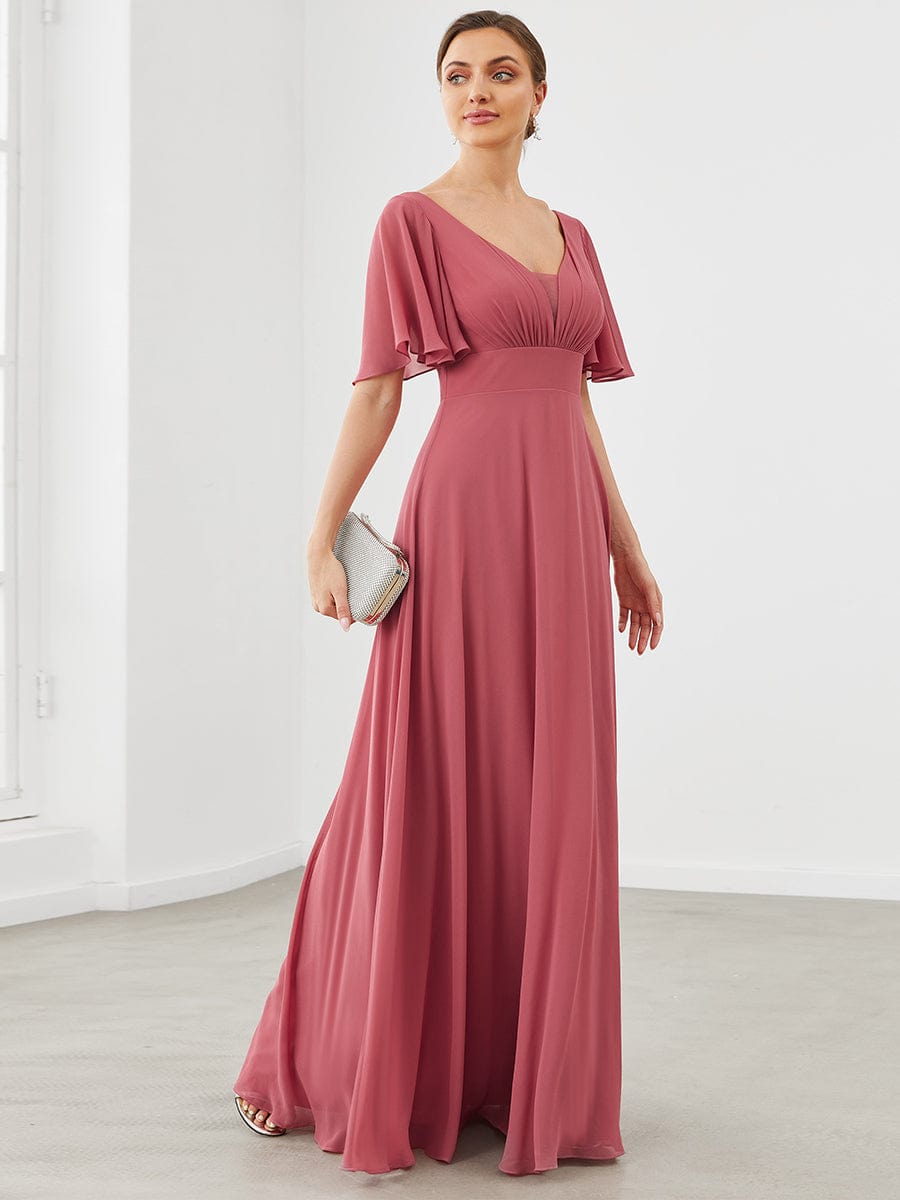 Chiffon Flutter Sleeve V-Neck Mother Of The Bride Dress #color_Cameo Brown Chiffon Flutter Sleeve V-Neck Mother of the Bride Dress