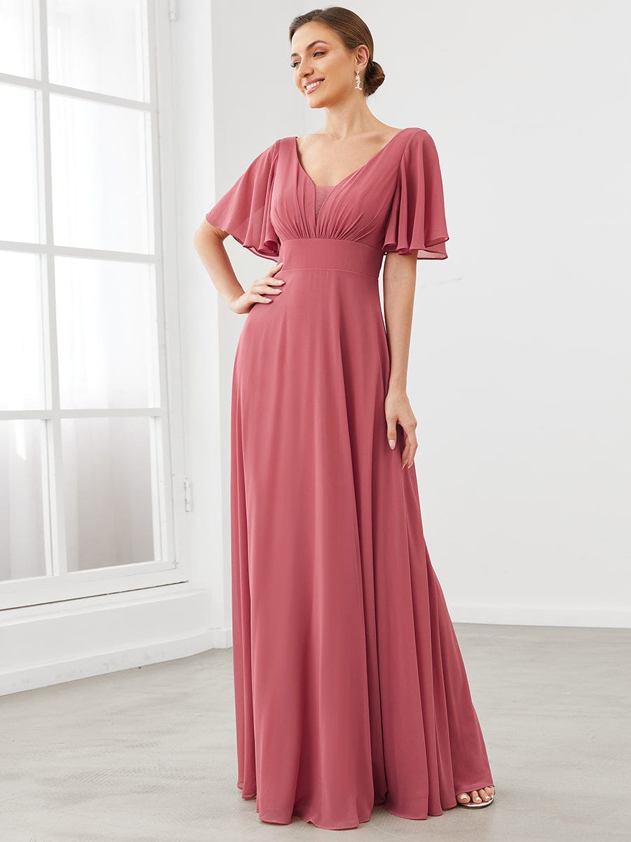 Chiffon Flutter Sleeve V-Neck Mother Of The Bride Dress #color_Cameo Brown Chiffon Flutter Sleeve V-Neck Mother of the Bride Dress