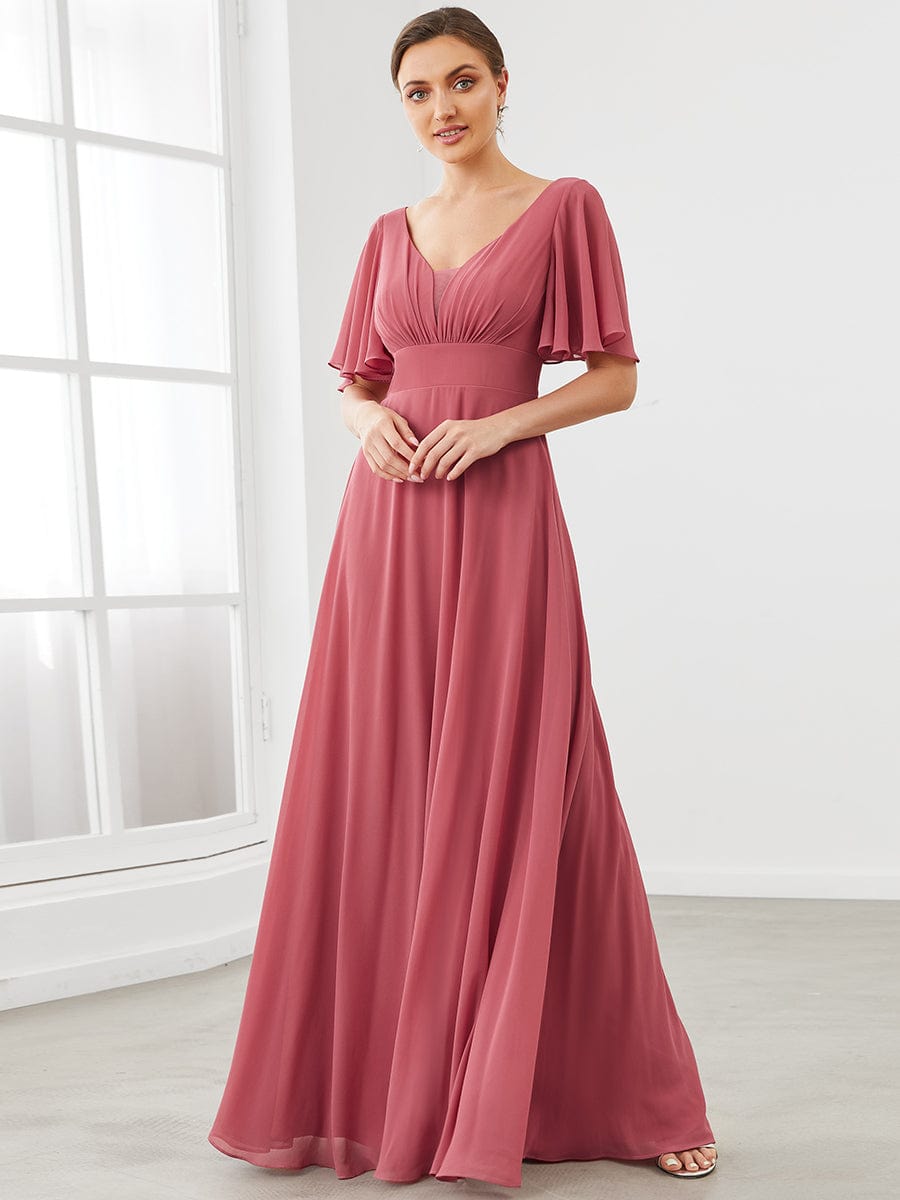 Chiffon Flutter Sleeve V-Neck Mother Of The Bride Dress #color_Cameo Brown Chiffon Flutter Sleeve V-Neck Mother of the Bride Dress