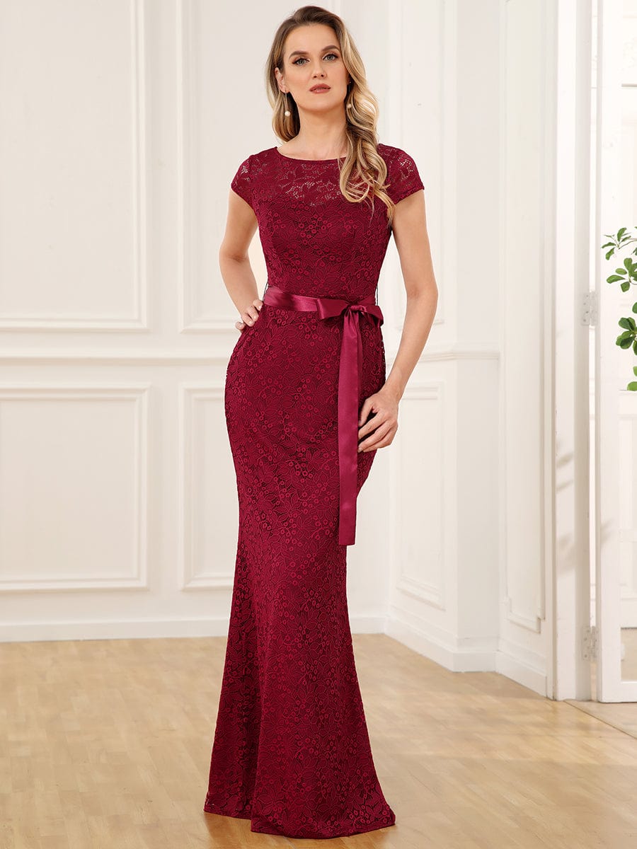 Short Sleeve Ribbon Waist Bodycon Mother of the Bride Dress #color_Burgundy Short Sleeve Ribbon Waist Bodycon Mother of the Bride Dress