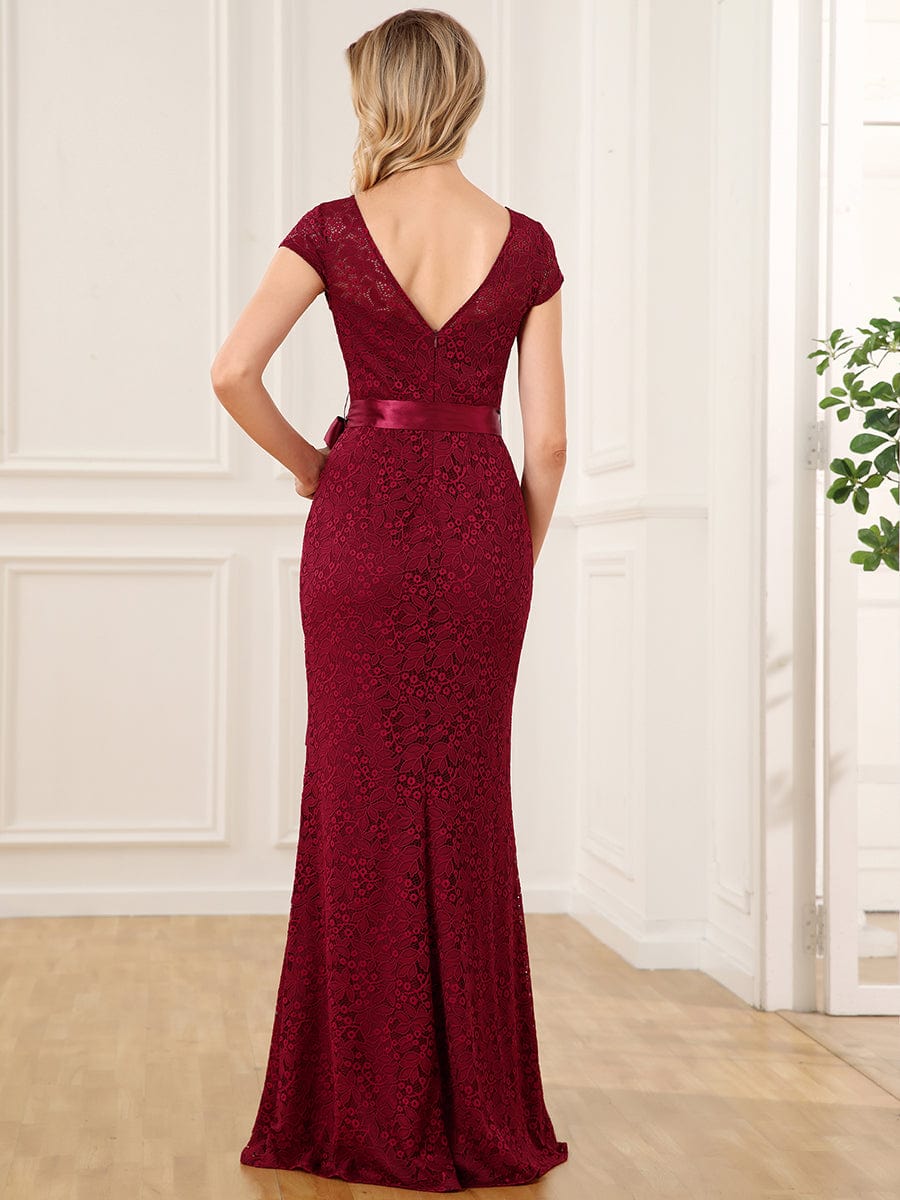 Short Sleeve Ribbon Waist Bodycon Mother of the Bride Dress #color_Burgundy Short Sleeve Ribbon Waist Bodycon Mother of the Bride Dress