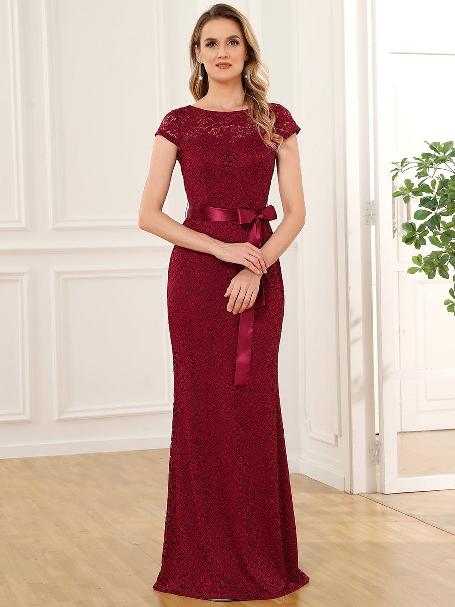 Short Sleeve Ribbon Waist Bodycon Mother of the Bride Dress #color_Burgundy Short Sleeve Ribbon Waist Bodycon Mother of the Bride Dress