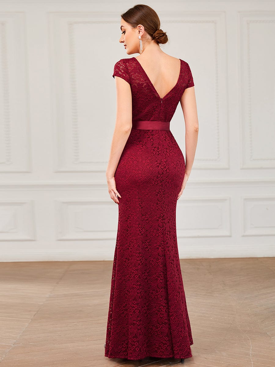 Short Sleeve Ribbon Waist Bodycon Mother of the Bride Dress #color_Burgundy Short Sleeve Ribbon Waist Bodycon Mother of the Bride Dress
