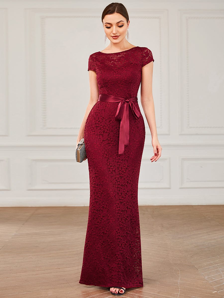 Short Sleeve Ribbon Waist Bodycon Mother of the Bride Dress #color_Burgundy Short Sleeve Ribbon Waist Bodycon Mother of the Bride Dress