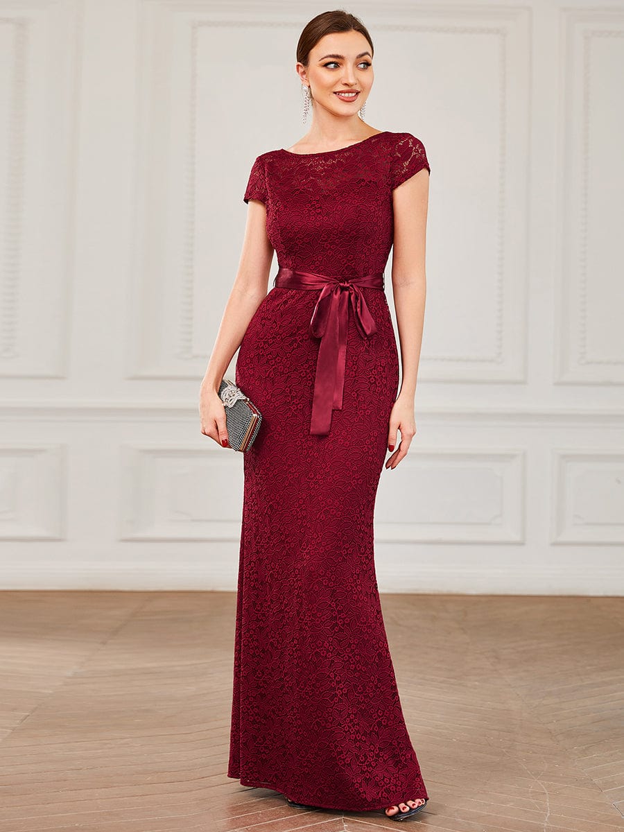 Short Sleeve Ribbon Waist Bodycon Mother of the Bride Dress #color_Burgundy Short Sleeve Ribbon Waist Bodycon Mother of the Bride Dress