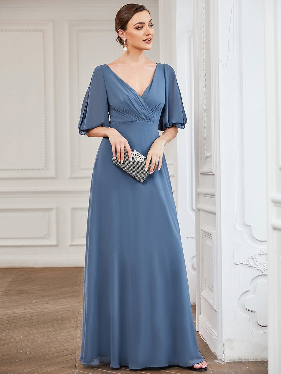 Pleated V-Neck Split Sleeve Chiffon Mother of the Bride Dress #Color_Dusty Navy Pleated V-Neck Split Sleeve Chiffon Mother of the Bride Dress