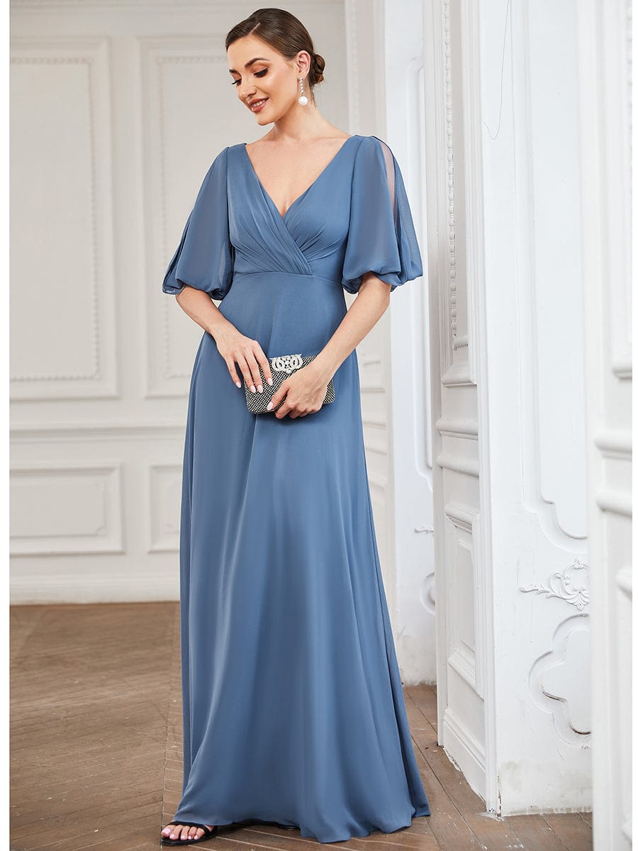 Pleated V-Neck Split Sleeve Chiffon Mother of the Bride Dress #Color_Dusty Navy Pleated V-Neck Split Sleeve Chiffon Mother of the Bride Dress