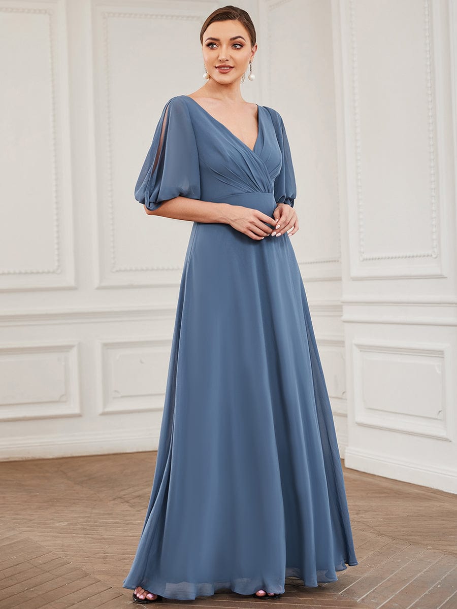 Pleated V-Neck Split Sleeve Chiffon Mother of the Bride Dress #Color_Dusty Navy Pleated V-Neck Split Sleeve Chiffon Mother of the Bride Dress