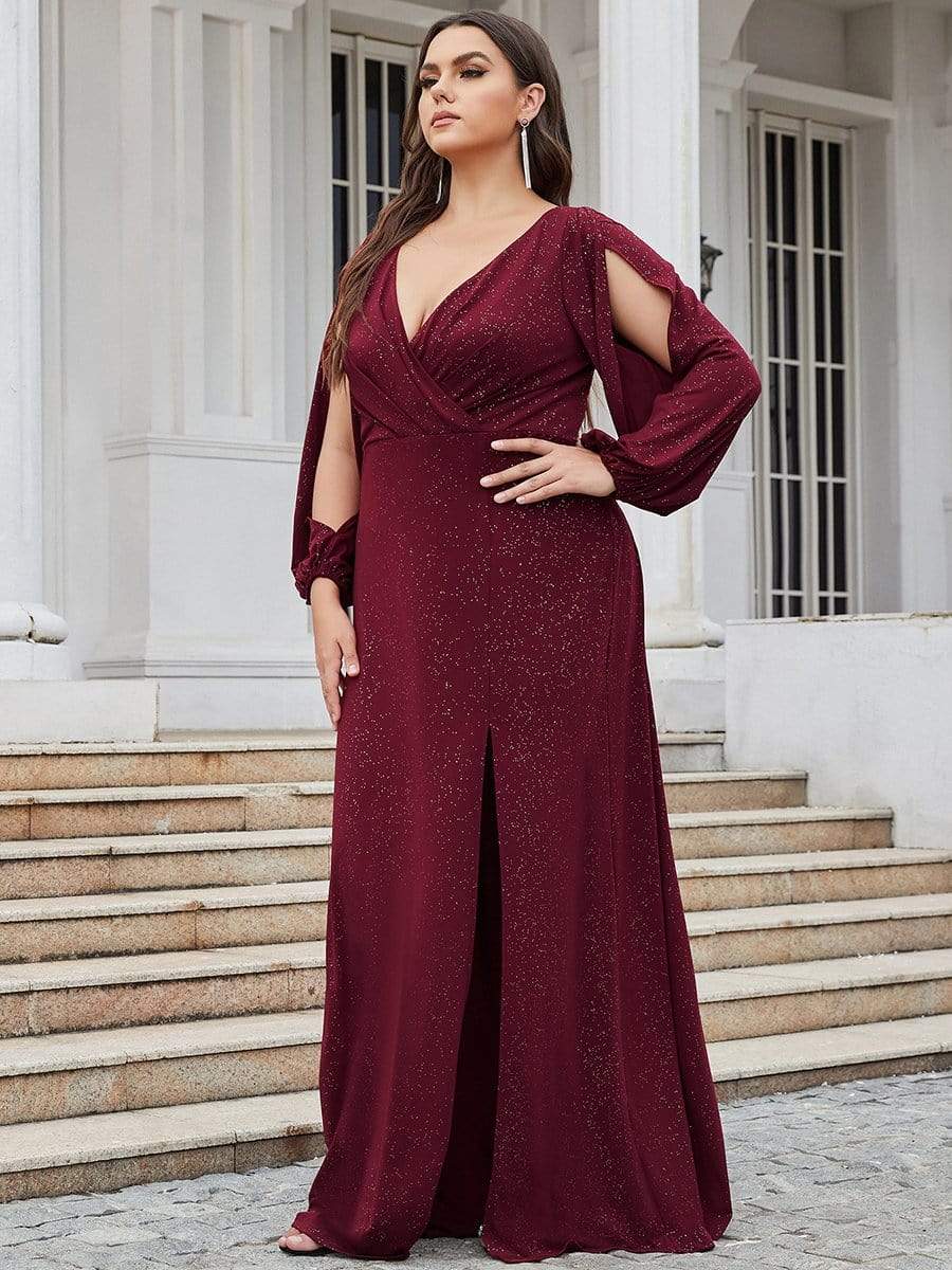 Plus Size Lantern Sleeve V-Neck Floor-Length Mother of the Bride Dress #color_Navy Blue Plus Size Lantern Sleeve V-Neck Floor-Length Mother of the Bride Dress