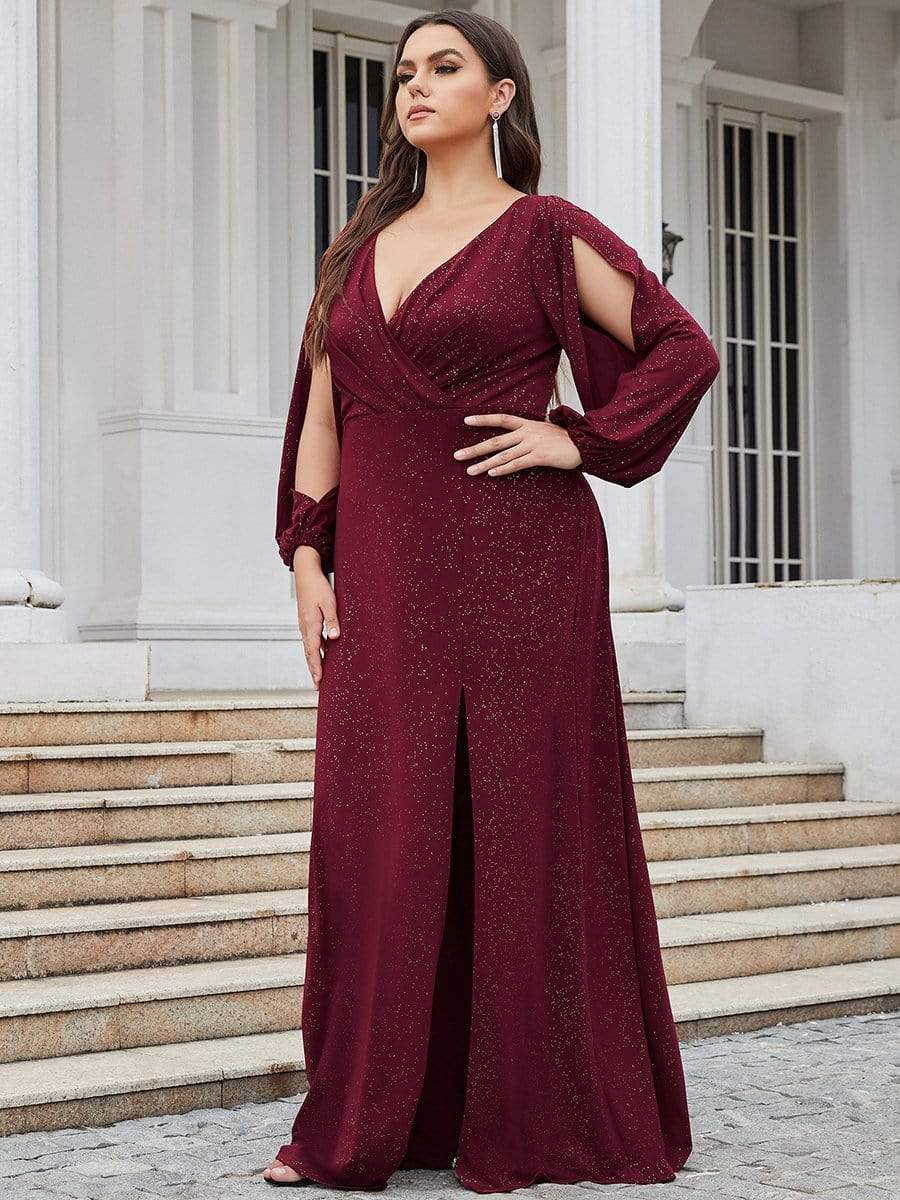 Plus Size Lantern Sleeve V-Neck Floor-Length Mother of the Bride Dress