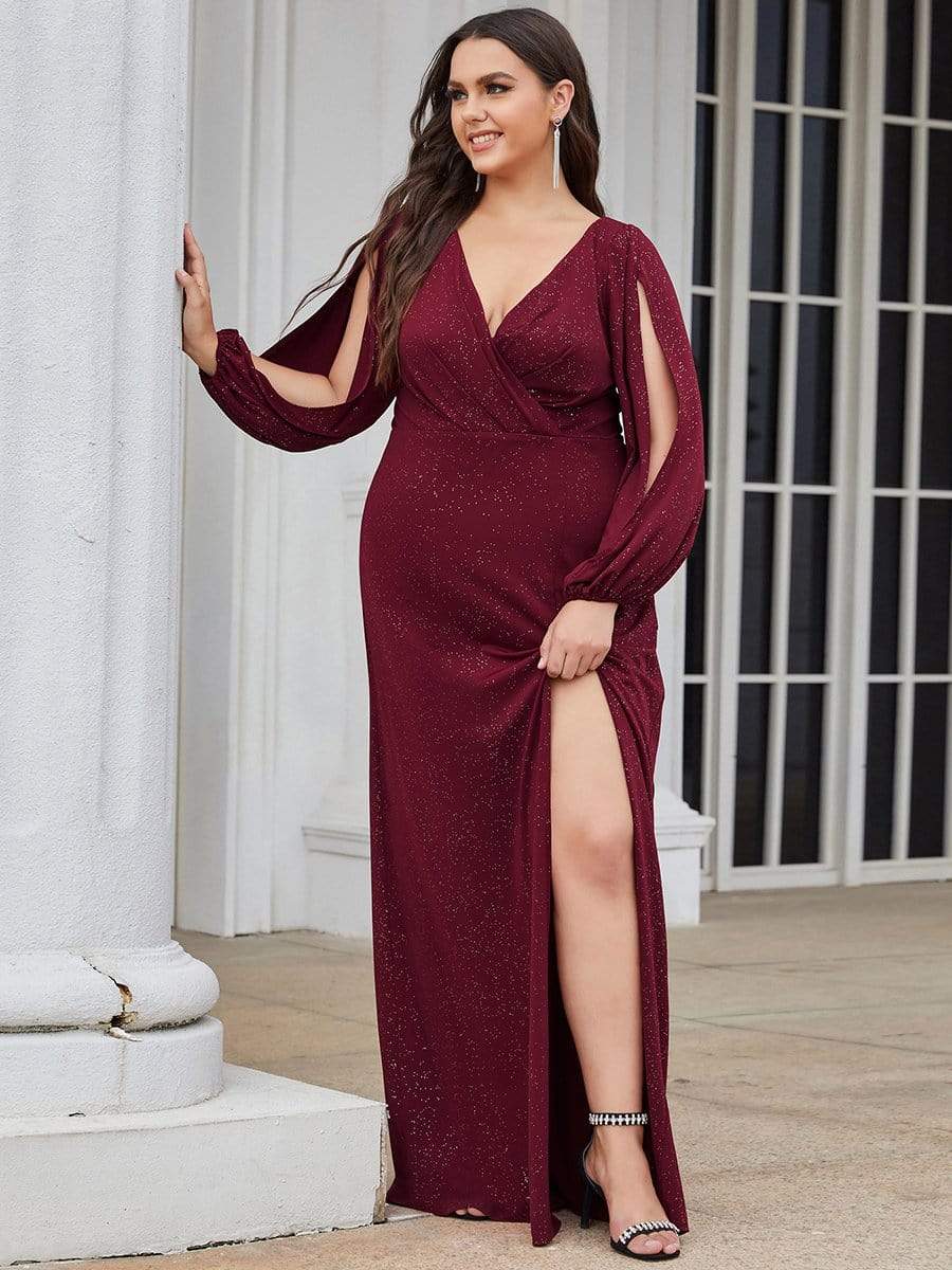 Plus Size Lantern Sleeve V-Neck Floor-Length Mother of the Bride Dress #color_Navy Blue Plus Size Lantern Sleeve V-Neck Floor-Length Mother of the Bride Dress