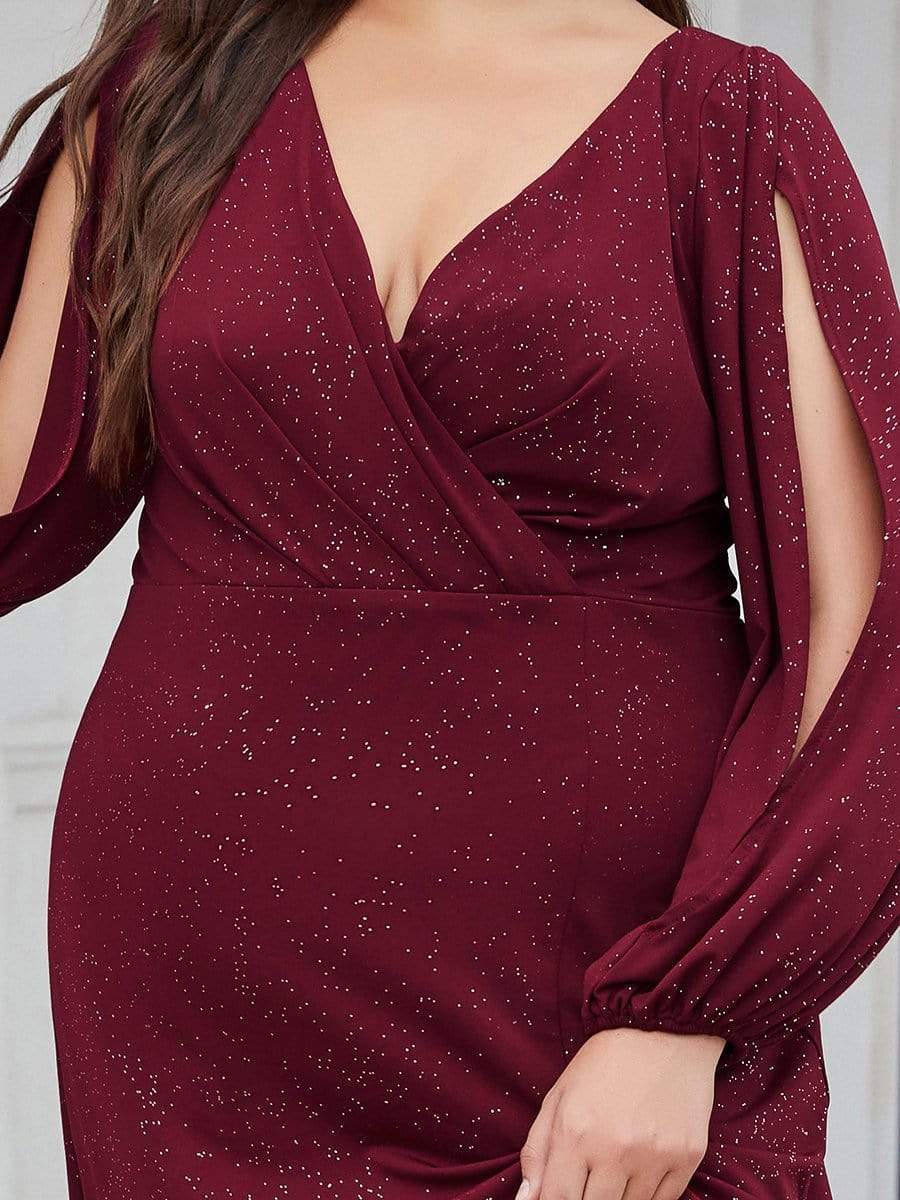 Plus Size Lantern Sleeve V-Neck Floor-Length Mother of the Bride Dress #color_Navy Blue Plus Size Lantern Sleeve V-Neck Floor-Length Mother of the Bride Dress