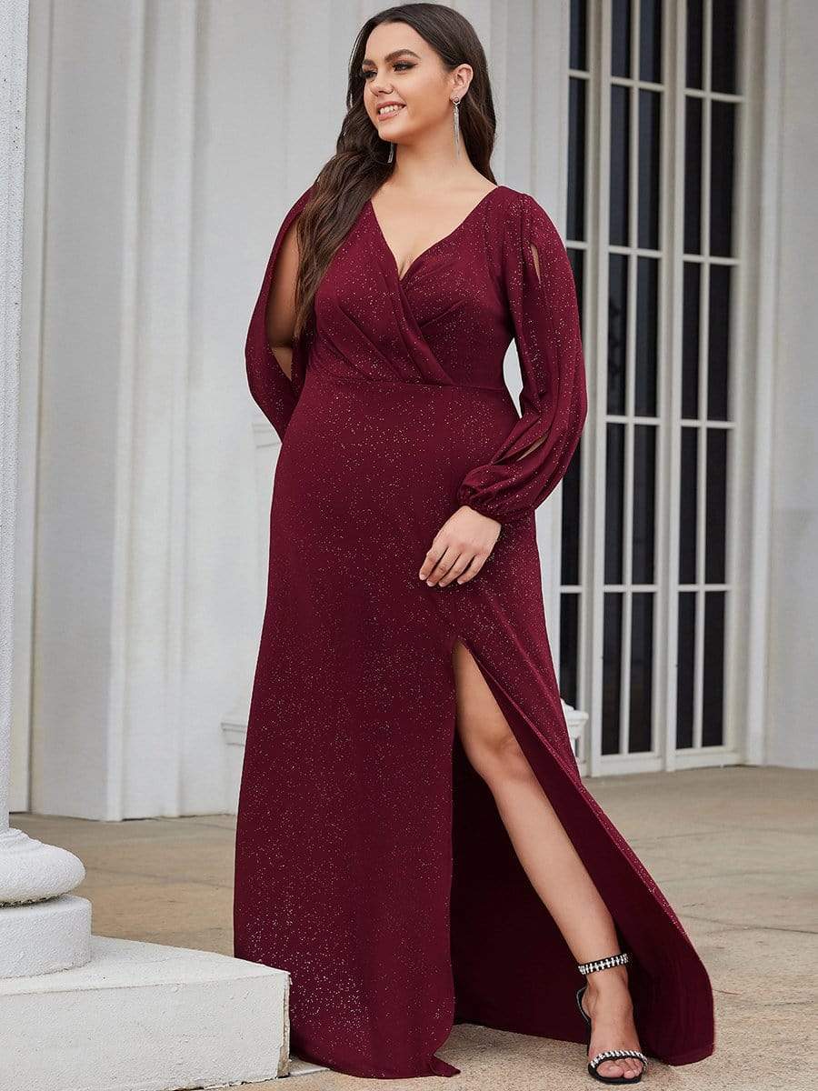 Plus Size Lantern Sleeve V-Neck Floor-Length Mother of the Bride Dress #color_Navy Blue Plus Size Lantern Sleeve V-Neck Floor-Length Mother of the Bride Dress