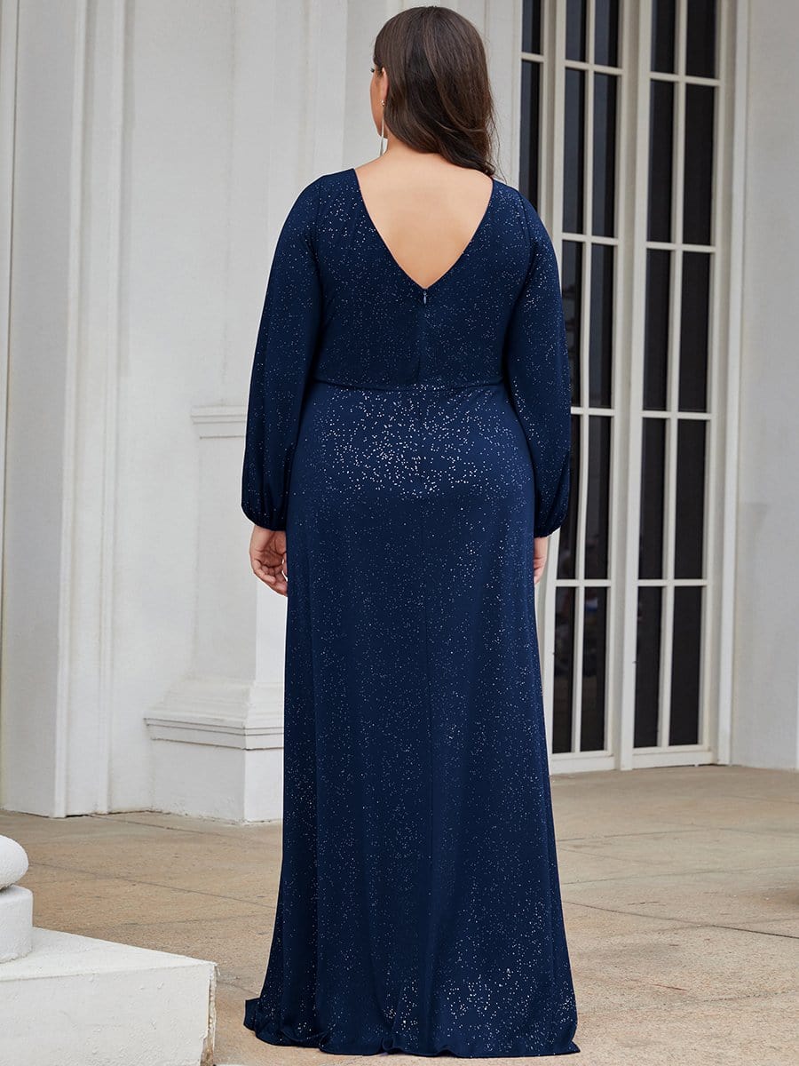 Plus Size Lantern Sleeve V-Neck Floor-Length Mother of the Bride Dress #color_Navy Blue Plus Size Lantern Sleeve V-Neck Floor-Length Mother of the Bride Dress