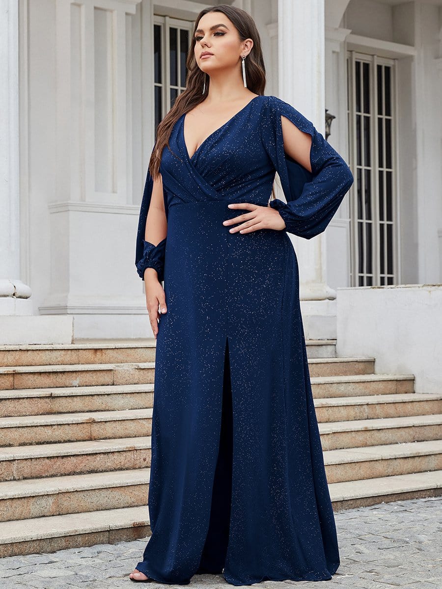 Plus Size Lantern Sleeve V-Neck Floor-Length Mother of the Bride Dress #color_Navy Blue Plus Size Lantern Sleeve V-Neck Floor-Length Mother of the Bride Dress