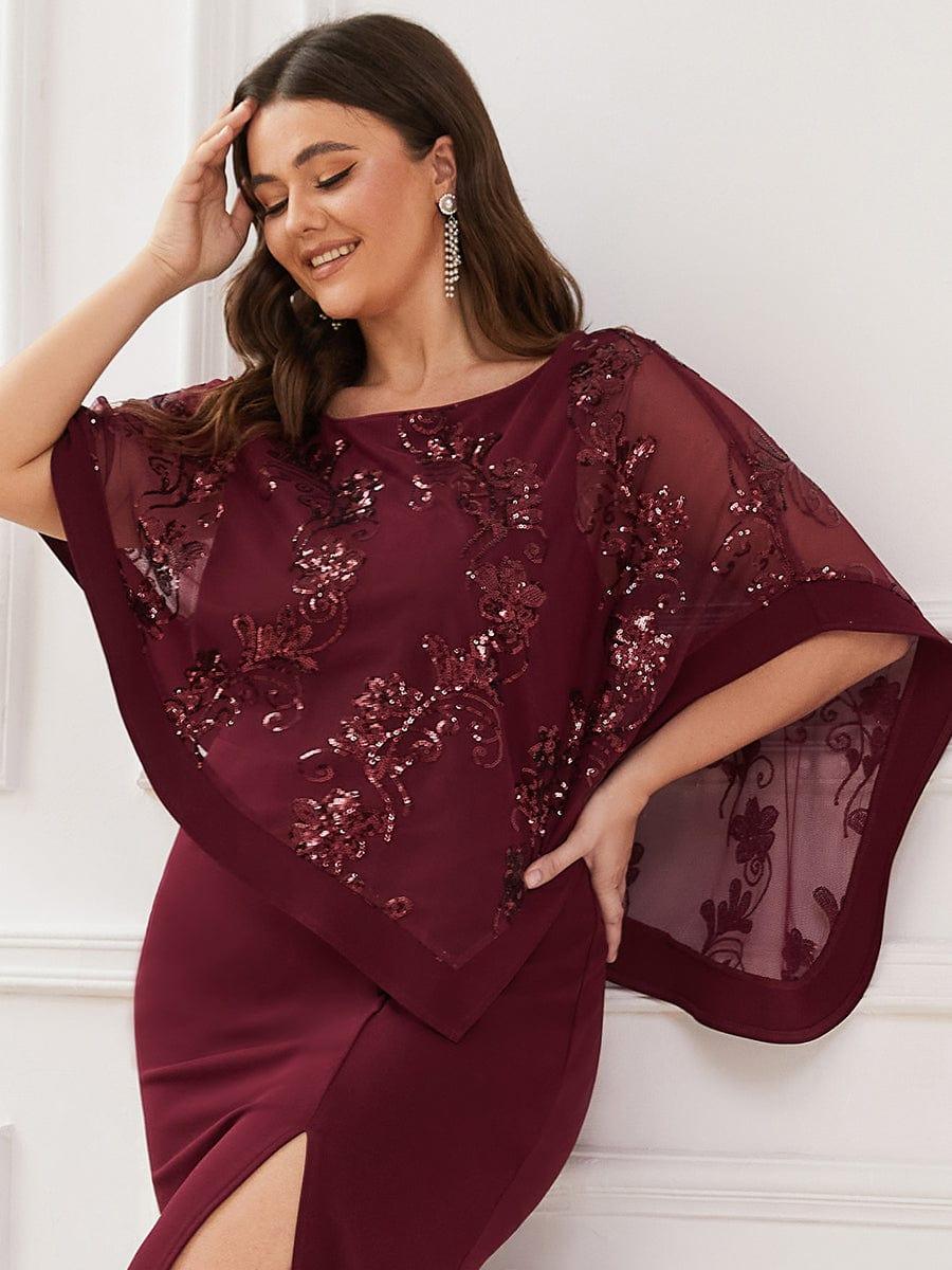 Plus Size Elegant Round Neck Bodycon Floor-Length Buttock Mother Dress #color_Burgundy