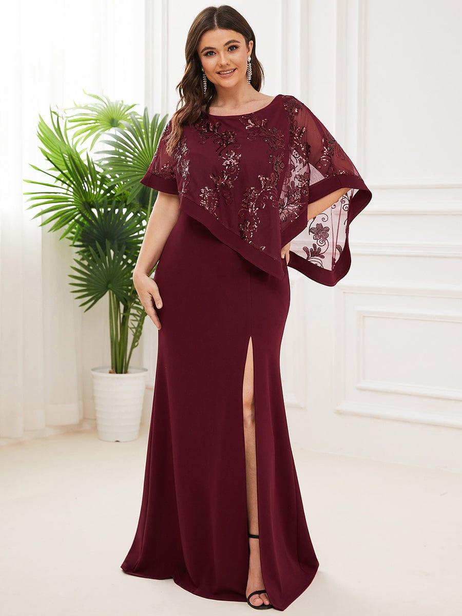 Lace Sequin Shirt Bodycon Floor-Length Mother Dress #color_Burgundy